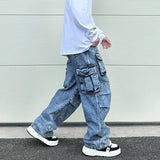 fashion loose streetwear cargo denim jeans unisex casual multi pocket wide legs jean pants hip hop joggers mens baggy jeans relaxed fit joggers