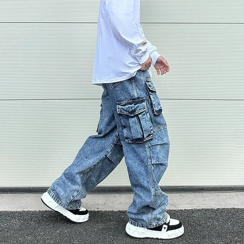 fashion loose streetwear cargo denim jeans unisex casual multi pocket wide legs jean pants hip hop joggers mens baggy jeans relaxed fit joggers