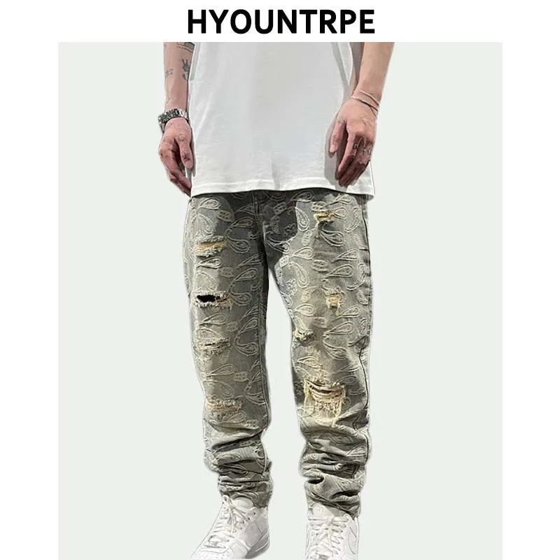 fashion paisy denim jeans mens destoryed holes zipper jeans pants hip hop streetwear new summer casual joggers loose jeans pants streetwear sweatpants