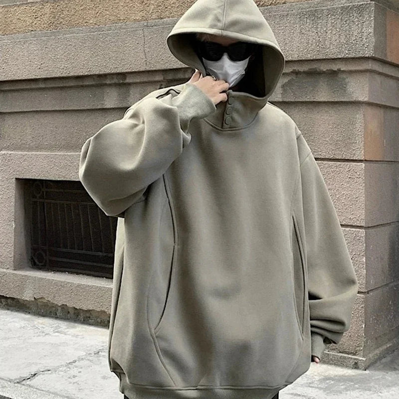 New Retro Button Neck Hooded Sweatshirts For Men Autumn Fleece Y2K Vintage Hoodies Hip Hop Fashion Streetwear Pullover Hoodie
