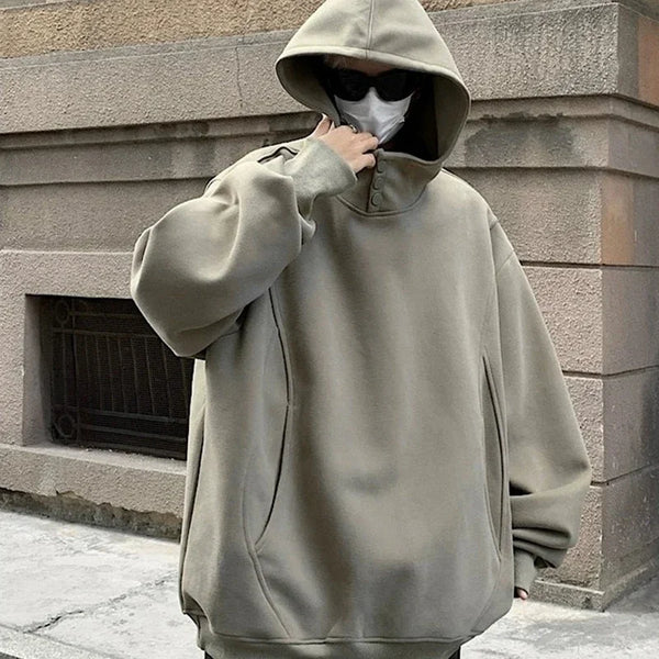 New Retro Button Neck Hooded Sweatshirts For Men Autumn Fleece Y2K Vintage Hoodies Hip Hop Fashion Streetwear Pullover Hoodie