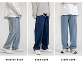 korean fashion mens baggy jeans classic all match solid color straight leg denim wide leg pants male light blue grey black unique jeans style 1123