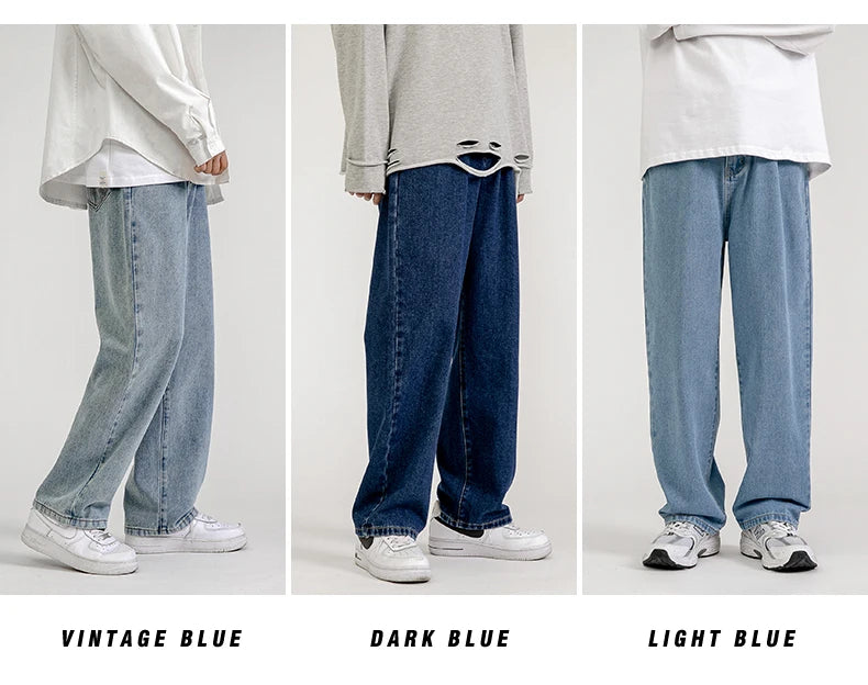 korean fashion mens baggy jeans classic all match solid color straight leg denim wide leg pants male light blue grey black unique jeans style 1123