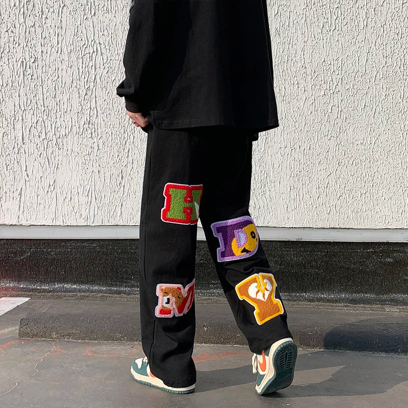 preppy style letter embroidery straight men baggy tracksuit pants y2k clothes sweatpants male drawstring casual long trousers unique joggers style 1069