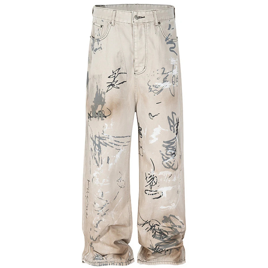men hip hop baggy jeans graffiti printed loose straight denim pants dirty washed streetwear fashion jeans trousers white unique jeans style 569