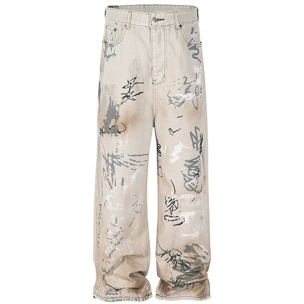 men hip hop baggy jeans graffiti printed loose straight denim pants dirty washed streetwear fashion jeans trousers white unique jeans style 569