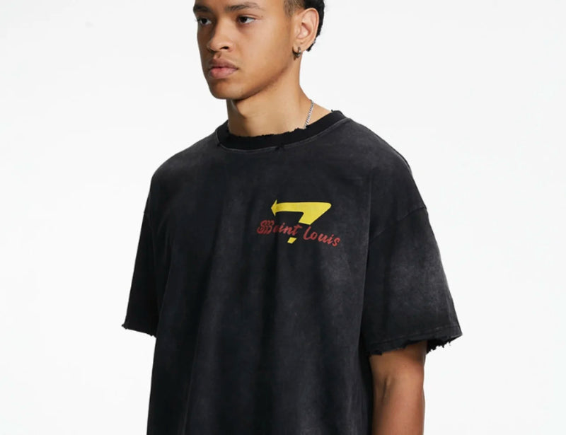 24ss Saint Louis Future Vintage Retro Print High-Street Cotton Short Sleeve Washed Distressed Tops T-Shirt For Summer