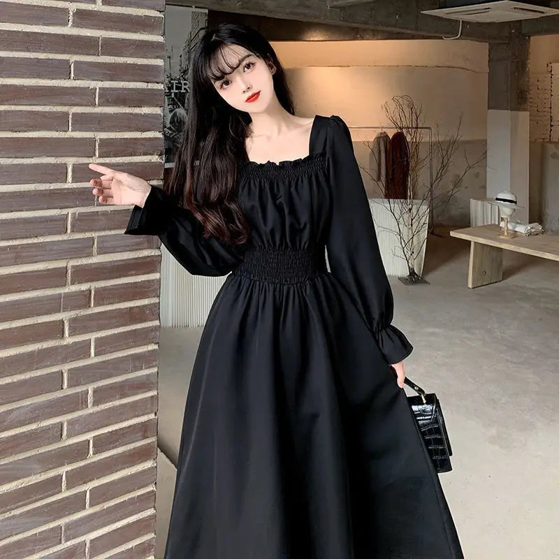 Black Elegant Dress Women Vintage Long Sleeve Spring Autumn Dresses Square Collar Oversize Loose Casual Robe Streetwear