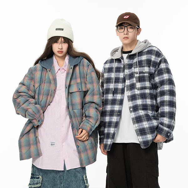 Winter Quilted Thick Plaid Hooded Jacket Men Wmen Streetwear Fashion Oversize Loose Casual Hoody Jacket Padded-cotton Parka Coat