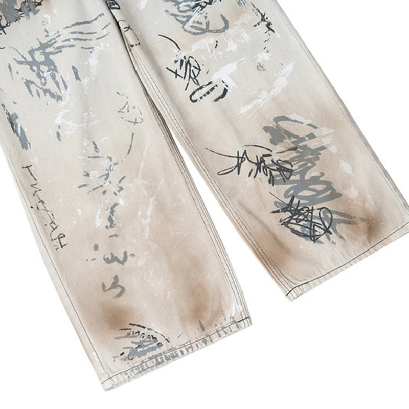 men hip hop baggy jeans graffiti printed loose straight denim pants dirty washed streetwear fashion jeans trousers white vintage washed jeans