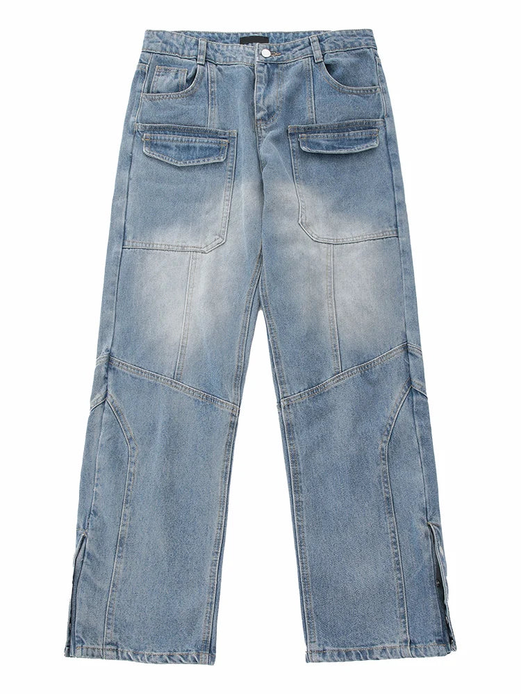 fashion straight denim jean pants unisex casual bottom button open pants high street cargo trousers hip hop zipper joggers men unique joggers style 3231