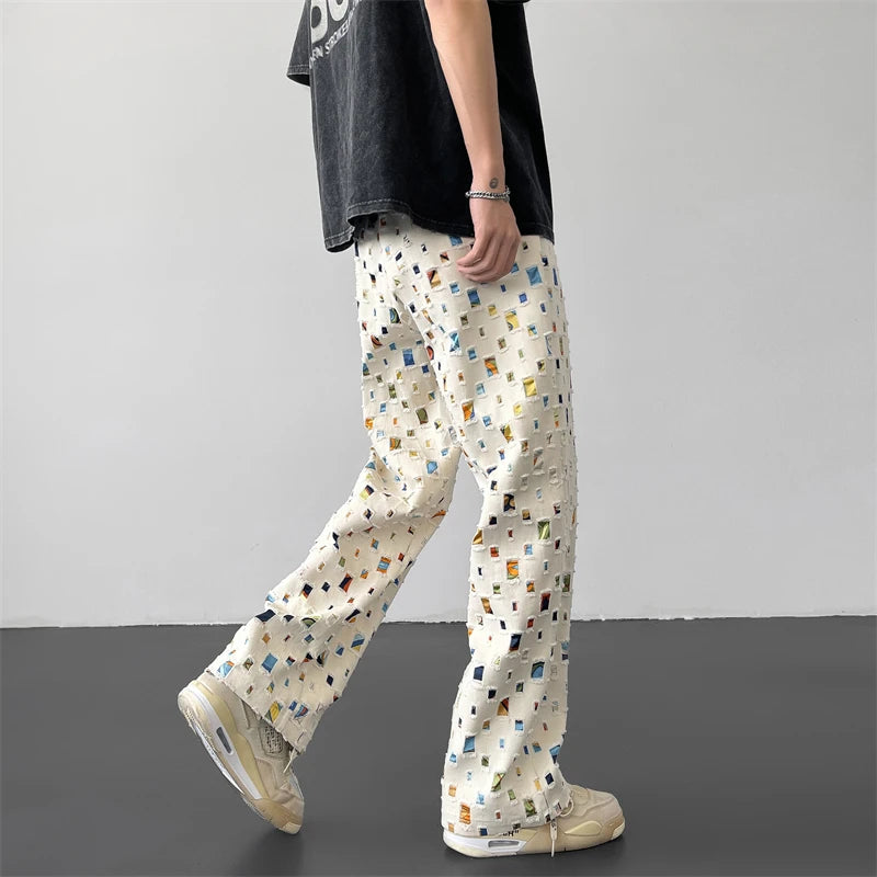cotton casual pants men fashion retro colored plaid pants men streetwear hip hop loose hollow out pants mens hole trousers m 3xl relaxed fit trousers