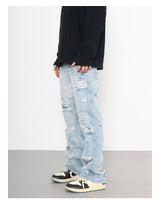 men distressed ripped destroied holes denim jean pants fashion zipper biker jeans streetwear flare pants joggers y2k men s jeans unique joggers style 3803
