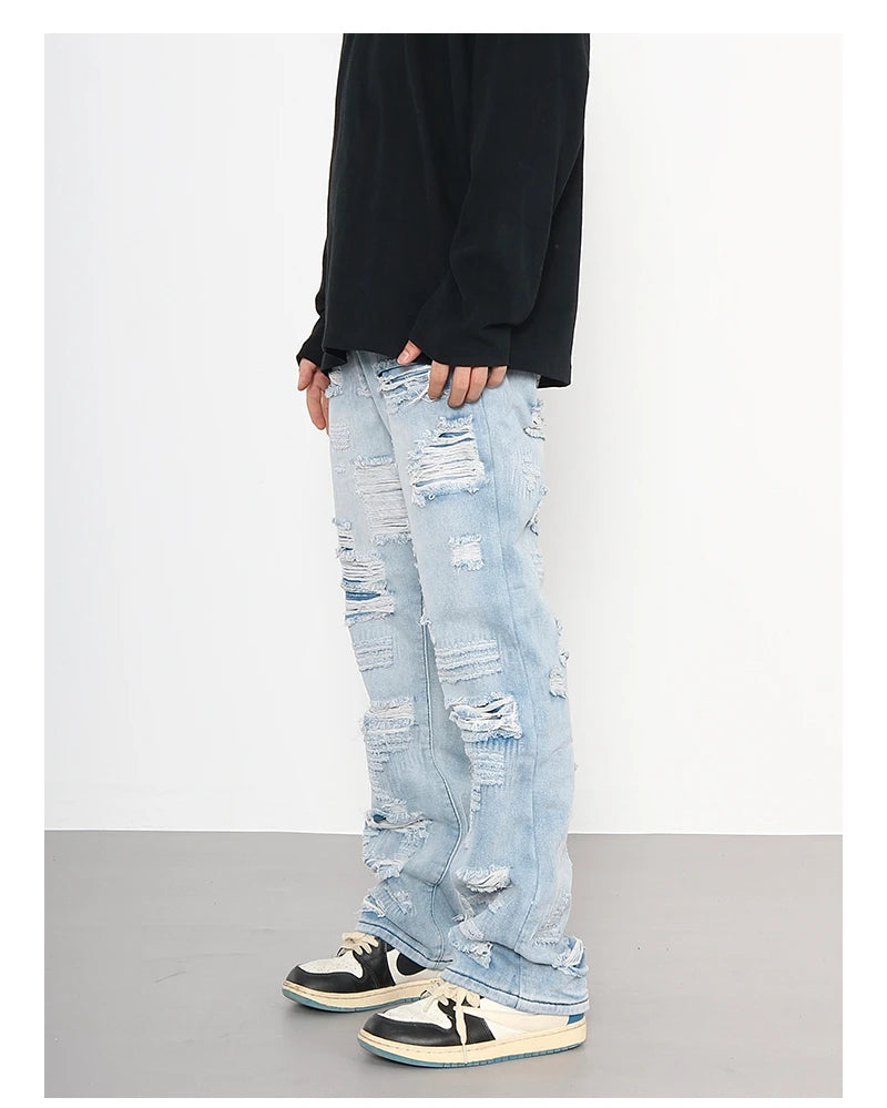 men distressed ripped destroied holes denim jean pants fashion zipper biker jeans streetwear flare pants joggers y2k men s jeans unique joggers style 3803