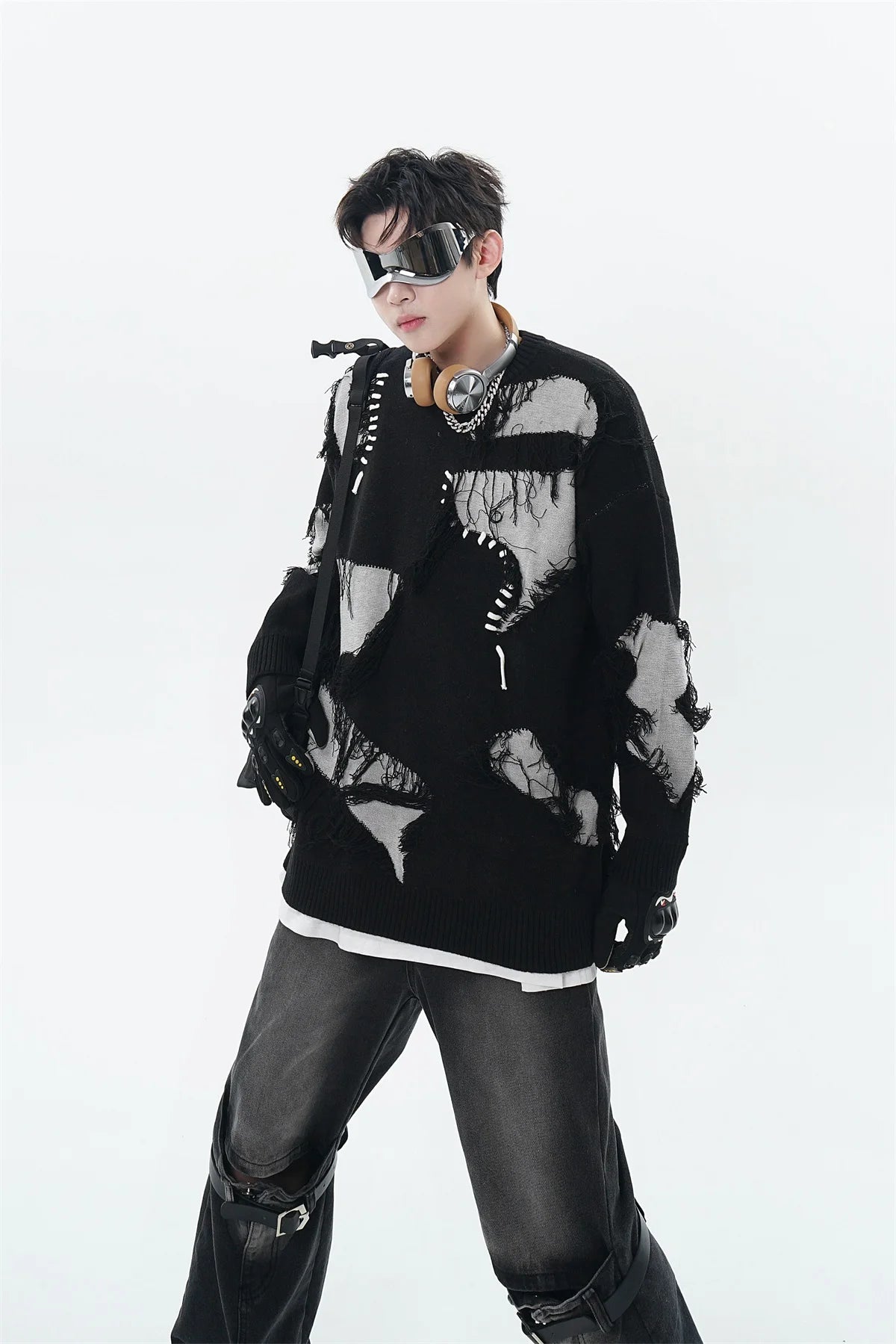 mens knitted sweater fashion tassel irregular block pullovers casual o neck unisex harajuku y2k streetwear loose knit jumpers - unisex casual winter pullover, soft fleece-lined outerwear, gothic aesthetic hoodie for winter
