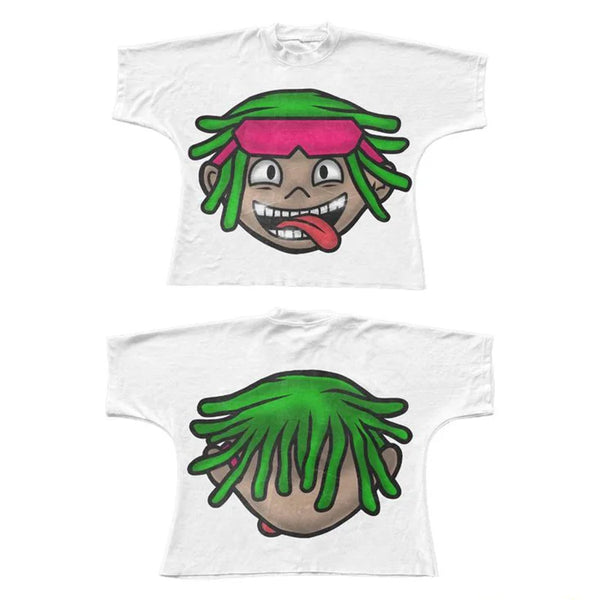 Baggy tee with comic flames and rainbow border text