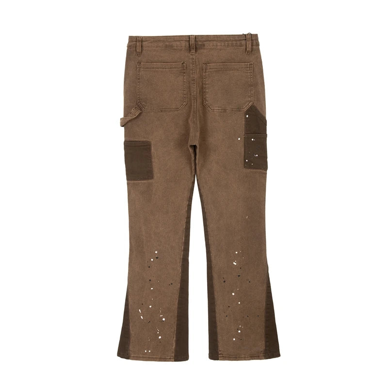 swag hip hop speckle ink flare jeans streetwear patchwork mens cargo jean pants washed logging trousers jeans male jeans overall unique cargo style 285
