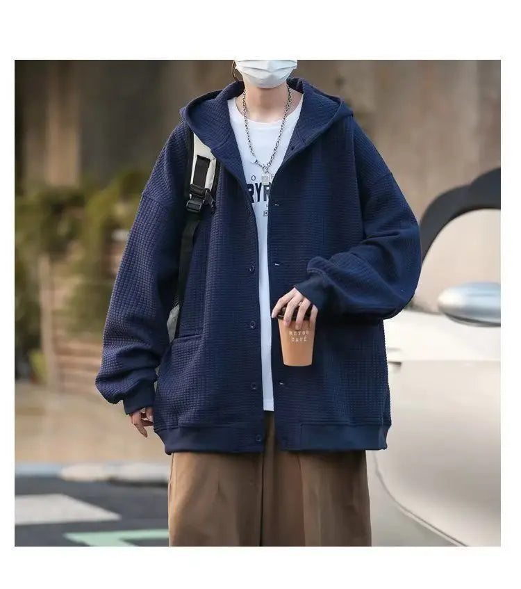 Korean Retro Y2K Waffle Hooded Jacket for Men and Women Ins Harajuku Style Casual Loose