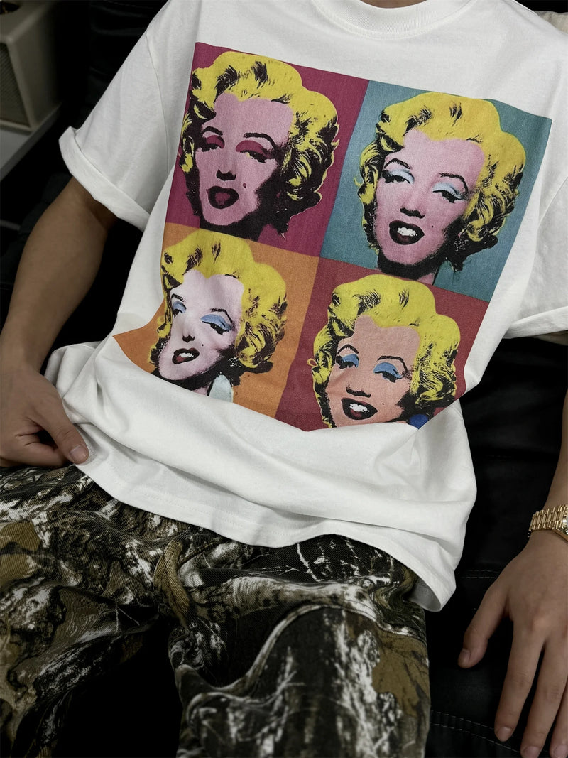 skatercore aesthetic print tee featuring vintage summer monroe portrait print streetwear hip pop style high street white tops t shirt