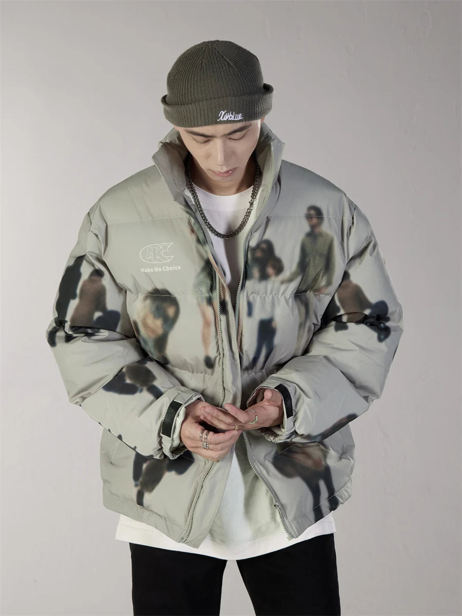 Hip Hop Jacket Parka Human Graffiti Print Men Winter Windbreaker Streetwear Harajuku Padded Jacket Coat Warm Outwear Hipster New