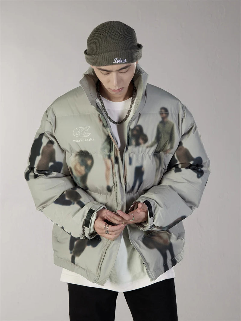 Hip Hop Jacket Parka Human Graffiti Print Men Winter Windbreaker Streetwear Harajuku Padded Jacket Coat Warm Outwear Hipster New