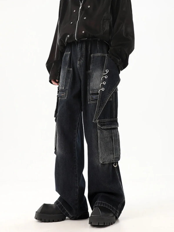 fashion punk rings streetwear loose pants unisex casual multiple pockets wide legs jean pants hip hop joggers men baggy jeans sporty tapered joggers