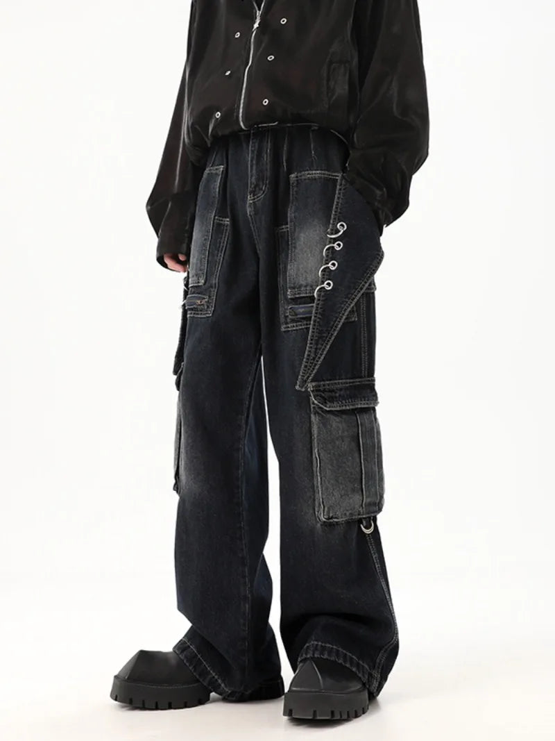 fashion punk rings streetwear loose pants unisex casual multiple pockets wide legs jean pants hip hop joggers men baggy jeans sporty tapered joggers