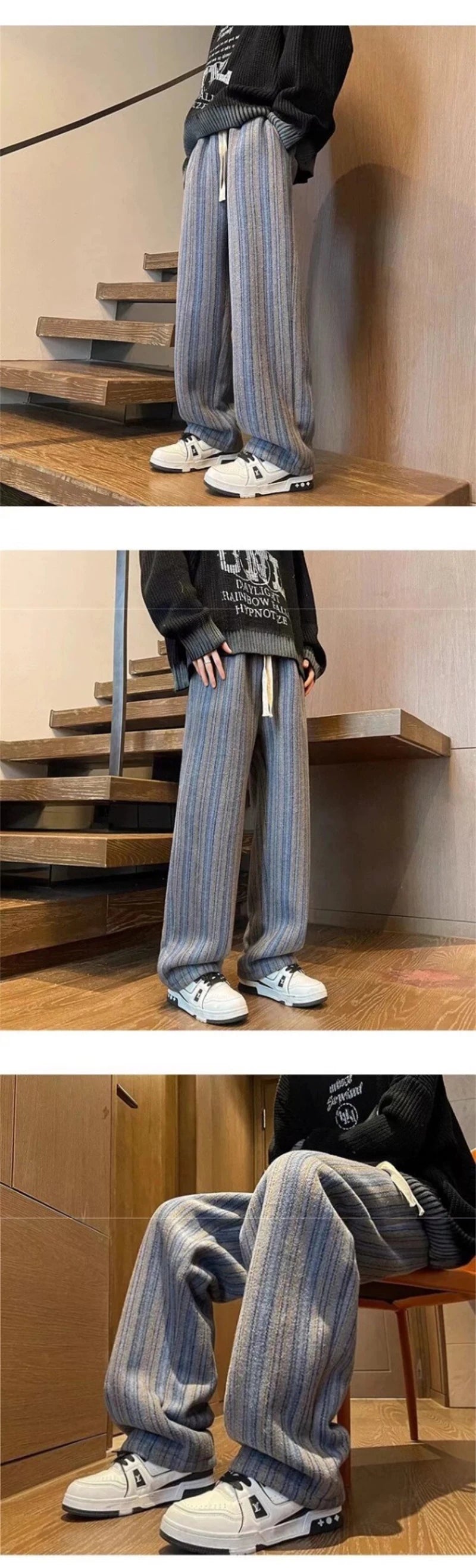 autumn striped woolen straight leg pants for men classic y2k vintage baggy trousers new casual high street fashion sweatpants unique joggers style 283