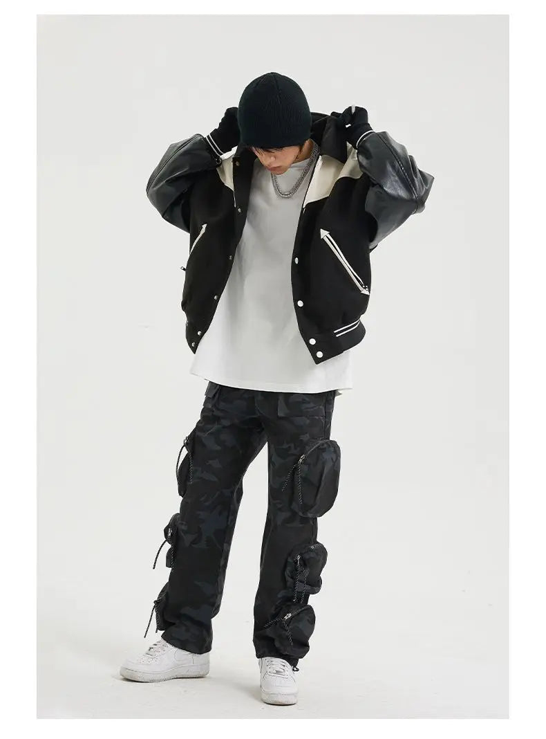 Korean Retro Street PU Leather Patchwork Baseball Jacket Men Autumn Trendy