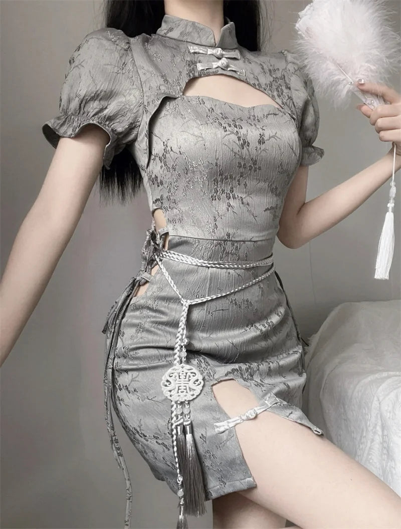 Vintage Chinese Style Cheongsam High Split Mini Dress 2024 Tie Dye Gothic Women Aesthetic Bandage Dresses Y2k Sexy Bodycon Robe