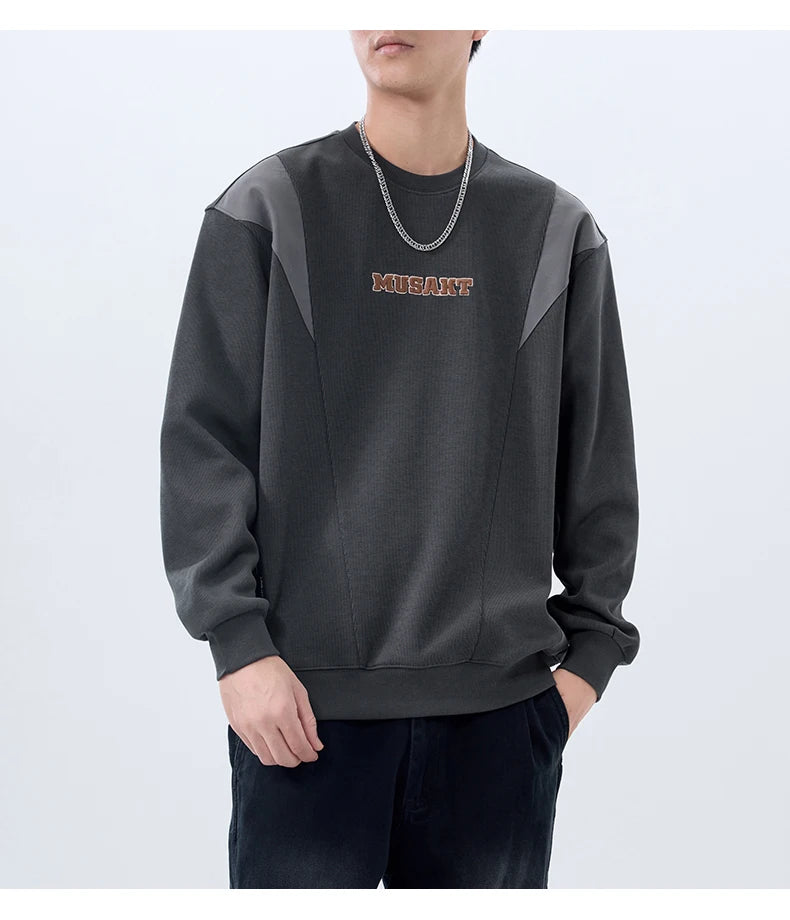 Men Handsome Splice Embroidery Fashion Loose Casual Pullover Sweatshir