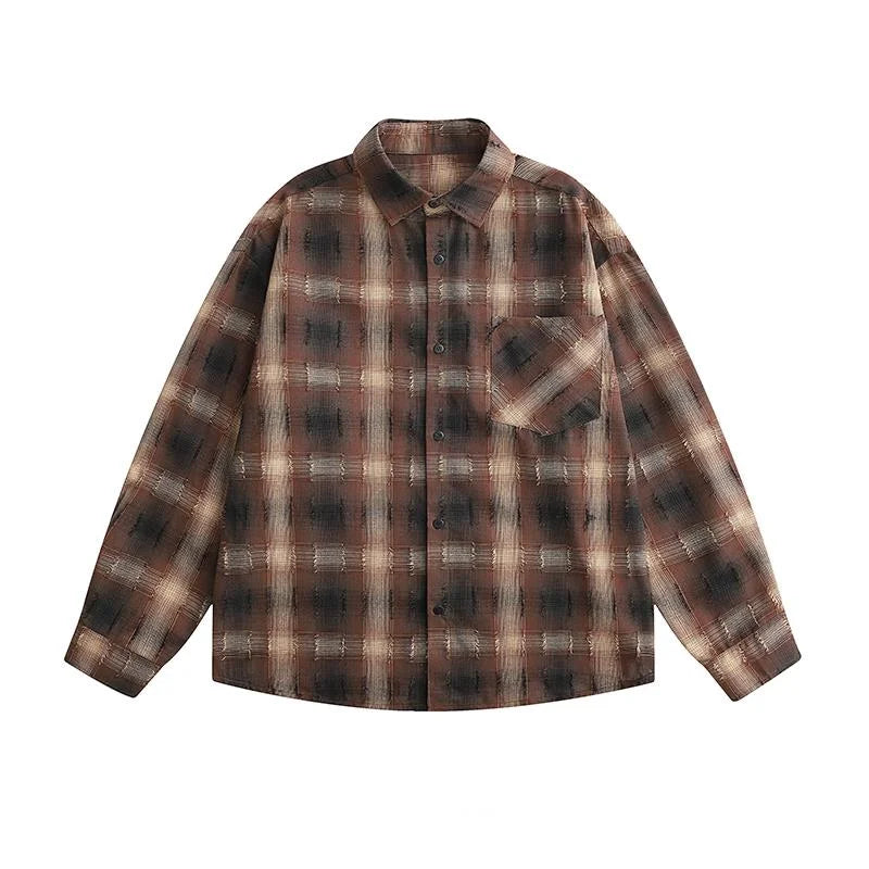Autumn Long Sleeved Men Oversized Retro Casual Men Japanese Streetwear Loose Plaid Shirt