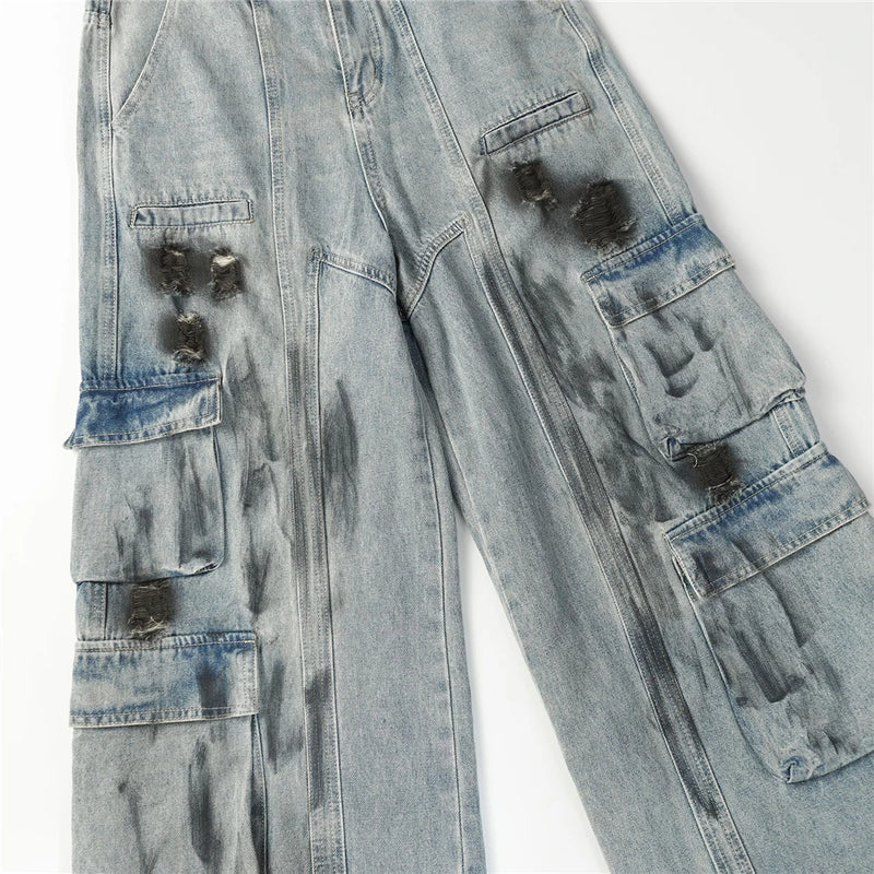 vintage multi pocket jeans mens harajuku cargo denim pants retro hip hop straight loose jean pants men clothing unique cargo style 1283