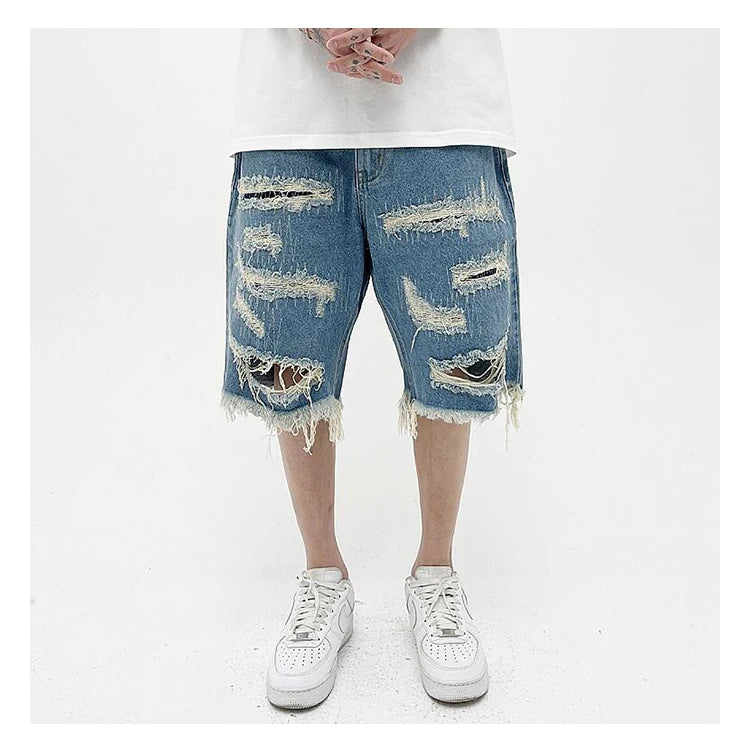Mens Fashion Denim Jean Shorts Summer Casual Destroyed Ripped Destressed Holes Loose Shorts Hip Hop Streetwear Shorts Joggers