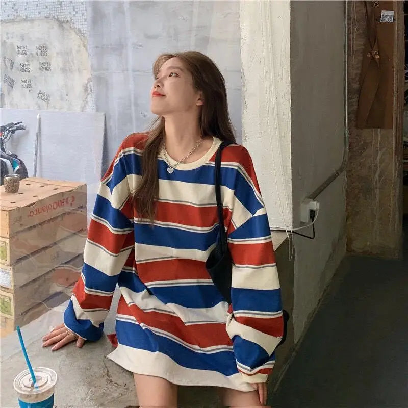 Harajuku Vintage print – Women T Shirts Striped Sweatshirt Thin Tops 2024 Spring Wome