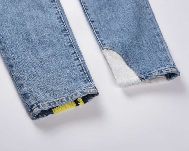 high street floral embroidery patchwork ripped blue jeans pants for male retro straight casual denim trousers oversized jean unique jeans style 1718