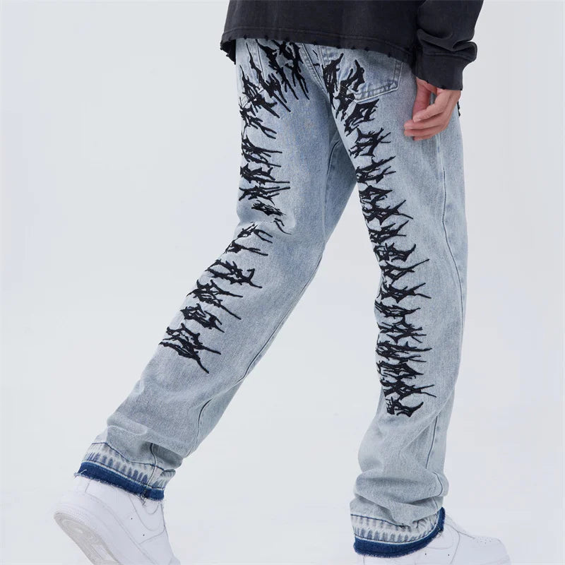 fashion back letters embroidery denim jeans mens casual zipper straight harajuku jean trouser hip hop streetwear pants joggers urban active pants