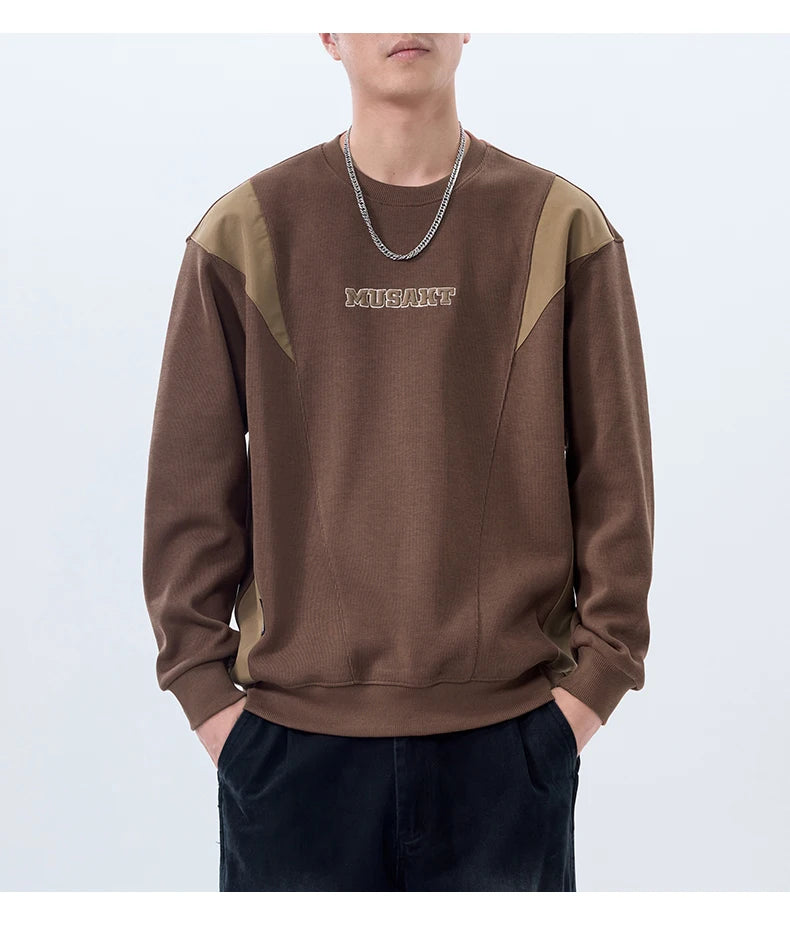 Men Handsome Splice Embroidery Fashion Loose Casual Pullover Sweatshir