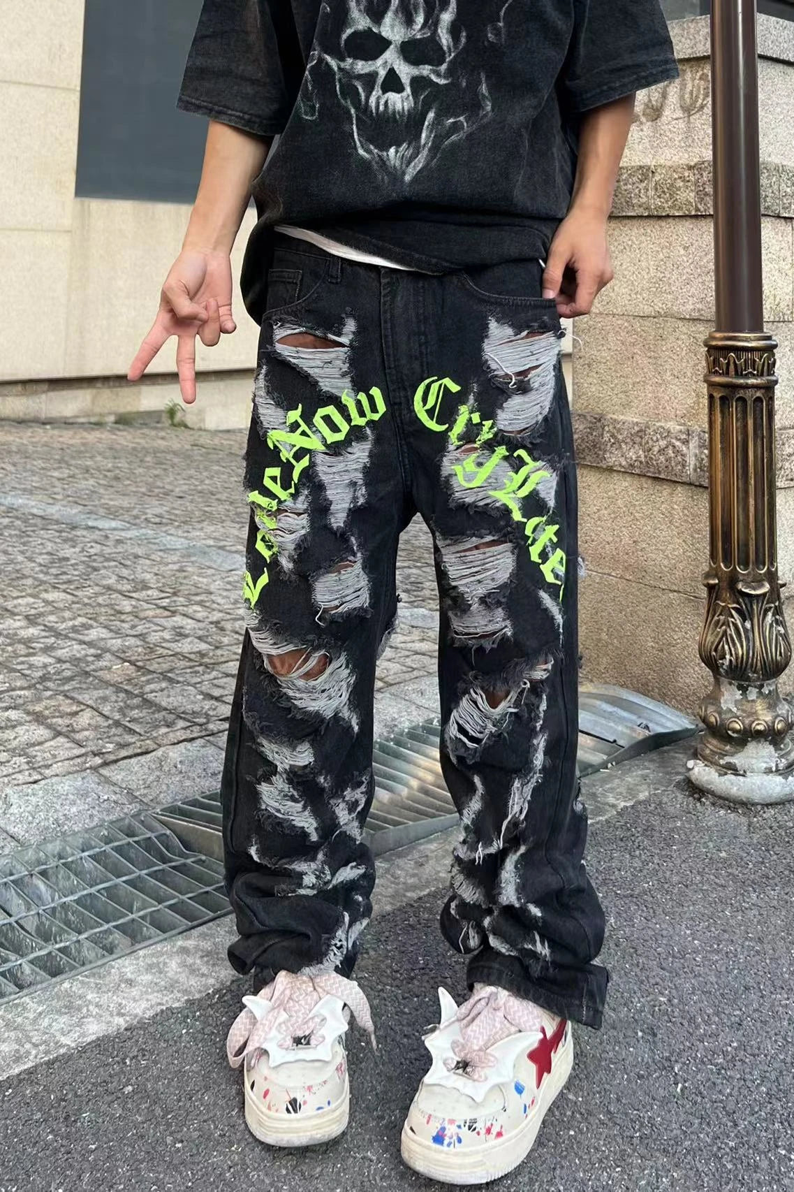 destroy ripped holes front letters embroidery denim jean pants men casual harajuku jean trouser hip hop streetwear pants joggers unique joggers style 3136