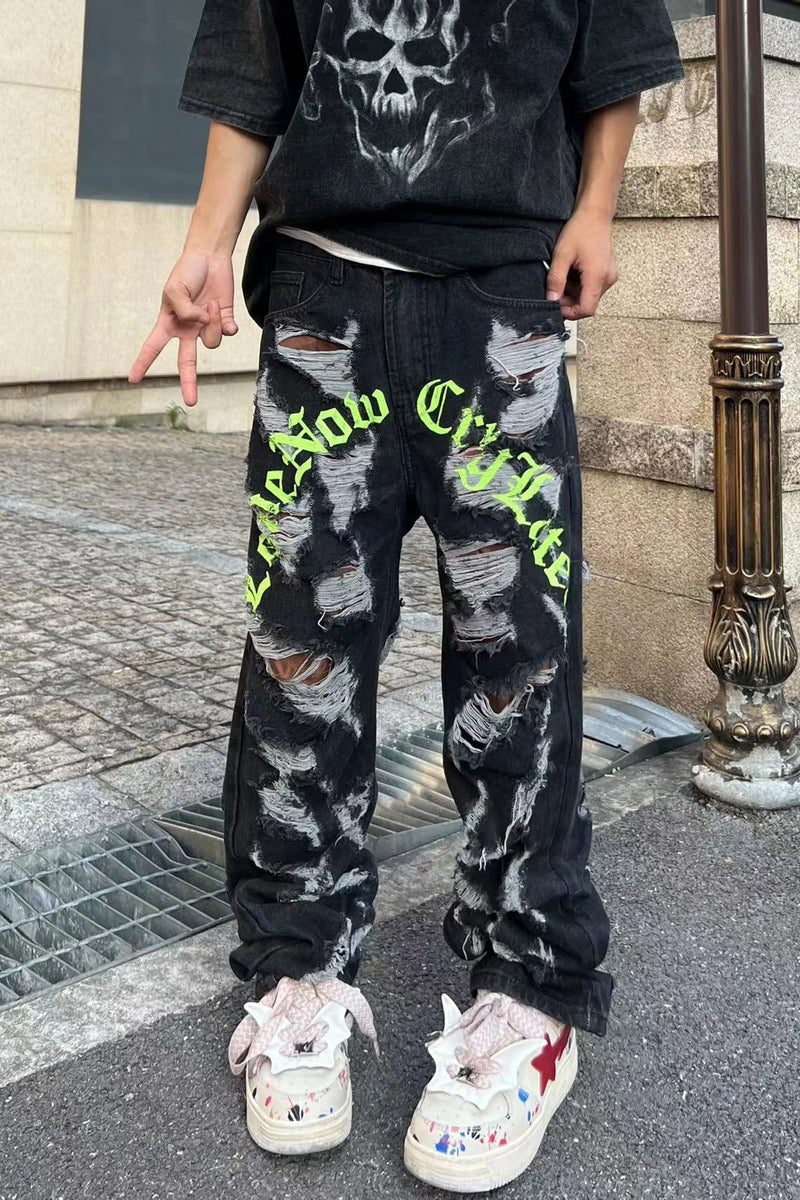 destroy ripped holes front letters embroidery denim jean pants men casual harajuku jean trouser hip hop streetwear pants joggers unique joggers style 3136