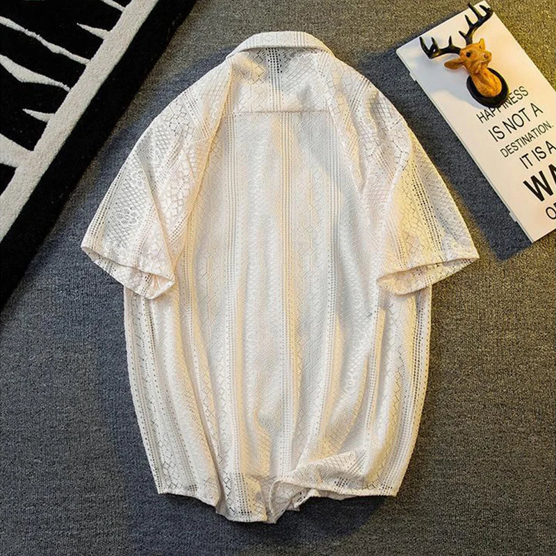 Mens Hollow Lace Elegant Short Sleeve Lazy Style Casual Breathable Personality Hollow Design Thin Shirt Unisex 2024 Summer New