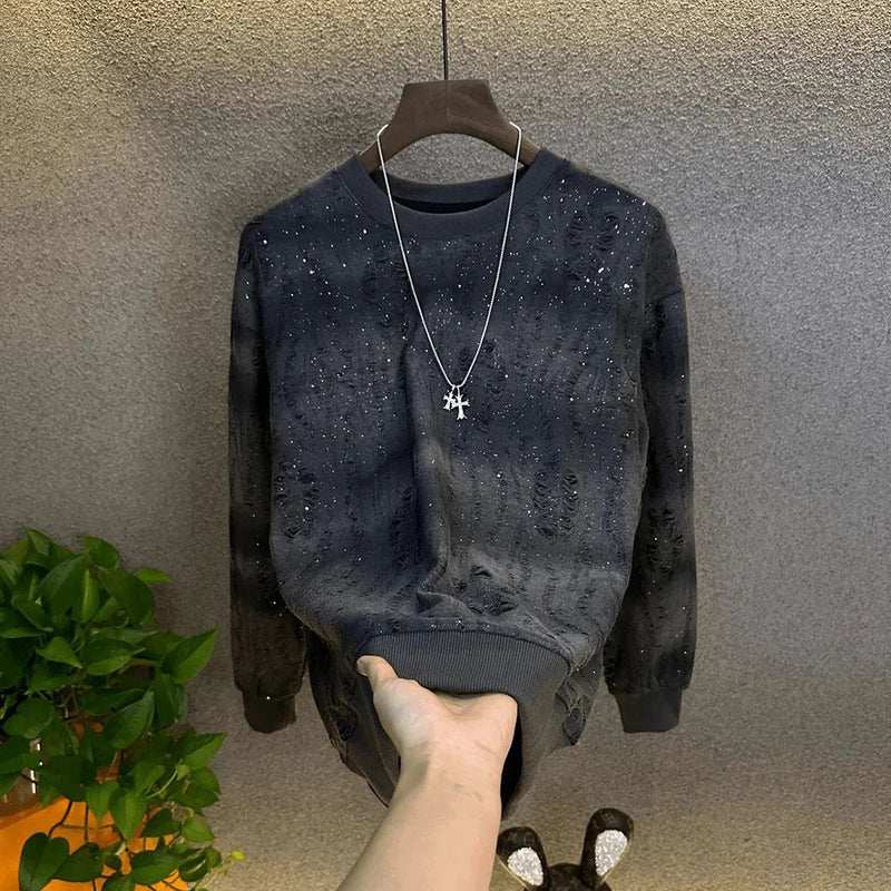 Mens Tshirt Starry Sky Hole Shiny Casual Tshirt Autumn Fashion Streetwear Campus Performance Long Sleeve Top Men'S Clothing 2024