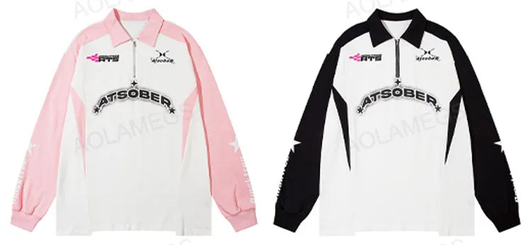 Y2K Streetwear Colorblock Raglan Sleeve Lapel Zipper Sweatshirt for Men Autumn Letter Print Polo Collar Loose Pullover Unisex