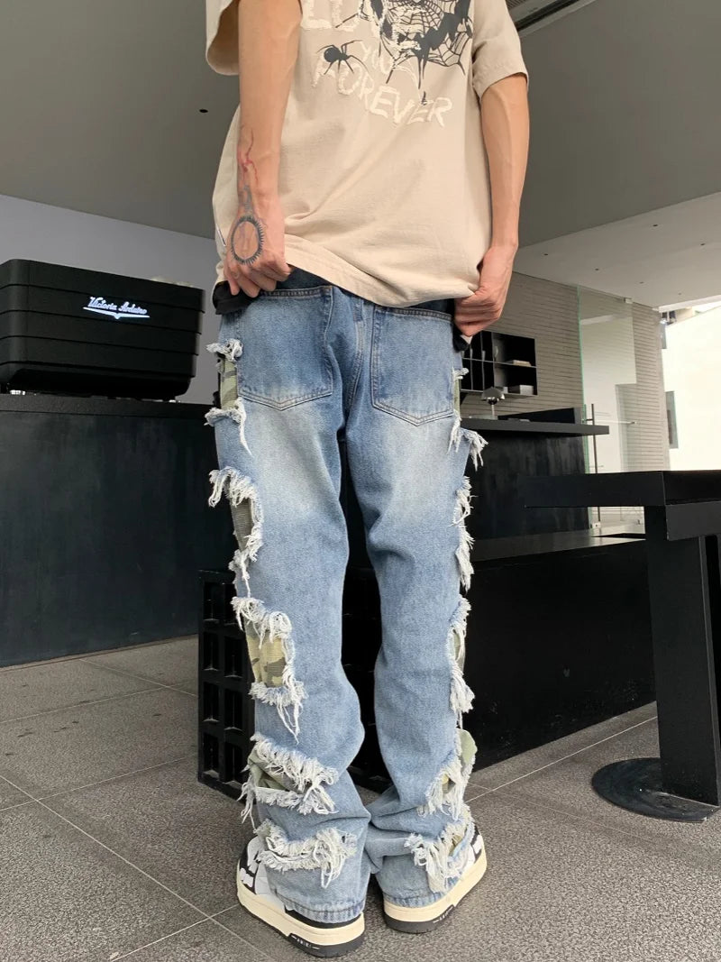 side destroyed ripped holes denim jeans pants mens casual patchwork camouflage loose straight joggers hip hop streetwear jeans sporty tapered joggers