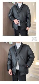 Winter Leather Jacket Men Korean Streetwear Fashion Loose Casual Business Retro Leather Padded Cotton Parkas Jacket Warm Coat