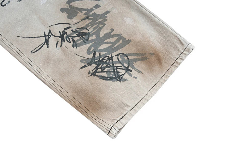 men hip hop baggy jeans graffiti printed loose straight denim pants dirty washed streetwear fashion jeans trousers white unique jeans style 578