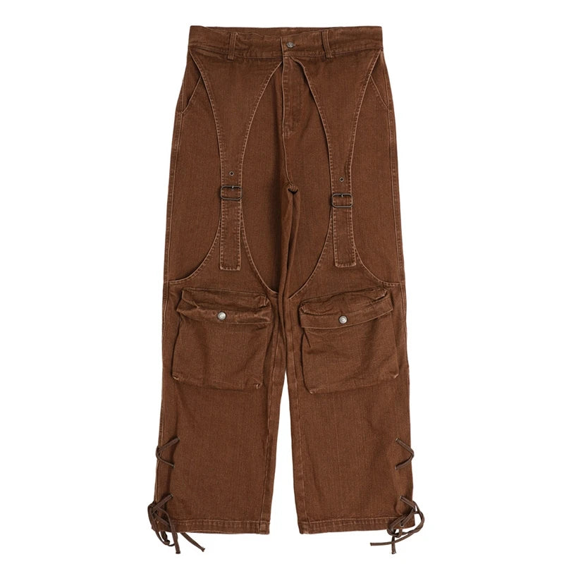 2023 cool design bandage pockets vintage brown baggy men cargo jeans pants y2k hip hop women cotton long trousers pantaloni uomo unique cargo style 1860