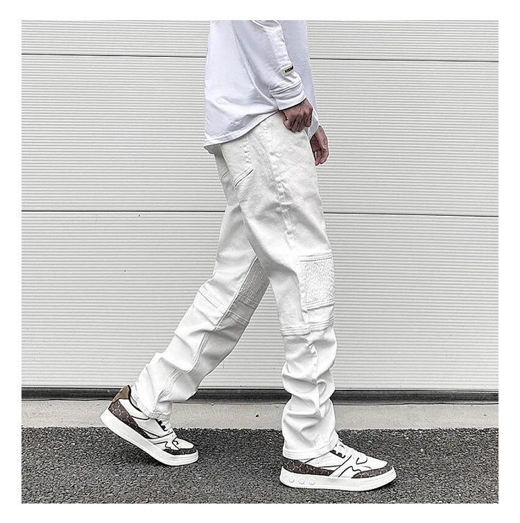 high street white knee pleated vertical stripe elastic fit skinny jeans male casual small leg jeans pants slim mens clothing unique jeans style 3663