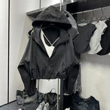 Korean Fashion Crop Jacket Women Black Windbreaker Jacket Casual Overs