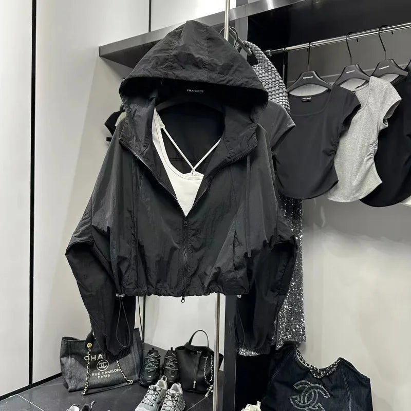 Korean Fashion Crop Jacket Women Black Windbreaker Jacket Casual Overs